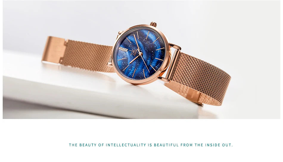 Shengke Women Watches Starry Green Dial Mesh Band Ladies Wristwatch Ultra-thin Stainless Steel Strap Quartz Montre Femme Gift