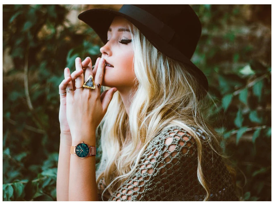 Shengke Women Watches Starry Green Dial Mesh Band Ladies Wristwatch Ultra-thin Stainless Steel Strap Quartz Montre Femme Gift