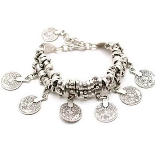 Bracelet – Bohemian Vintage Turkish Antalya Coin – Silver Plated – Silver | KIMLUD