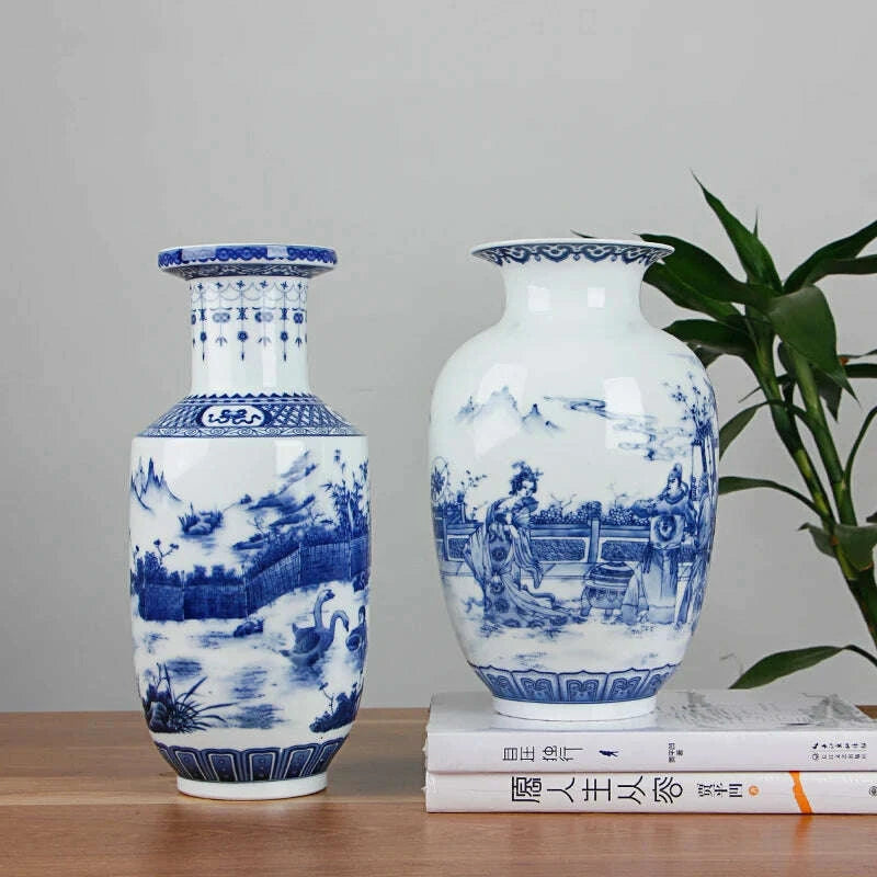 KIMLUD, Classic Chinese Blue and White Ceramic Vase Antique Tabletop Porcelain Flower Vase For Hotel Dining Room Decoration, KIMLUD Womens Clothes