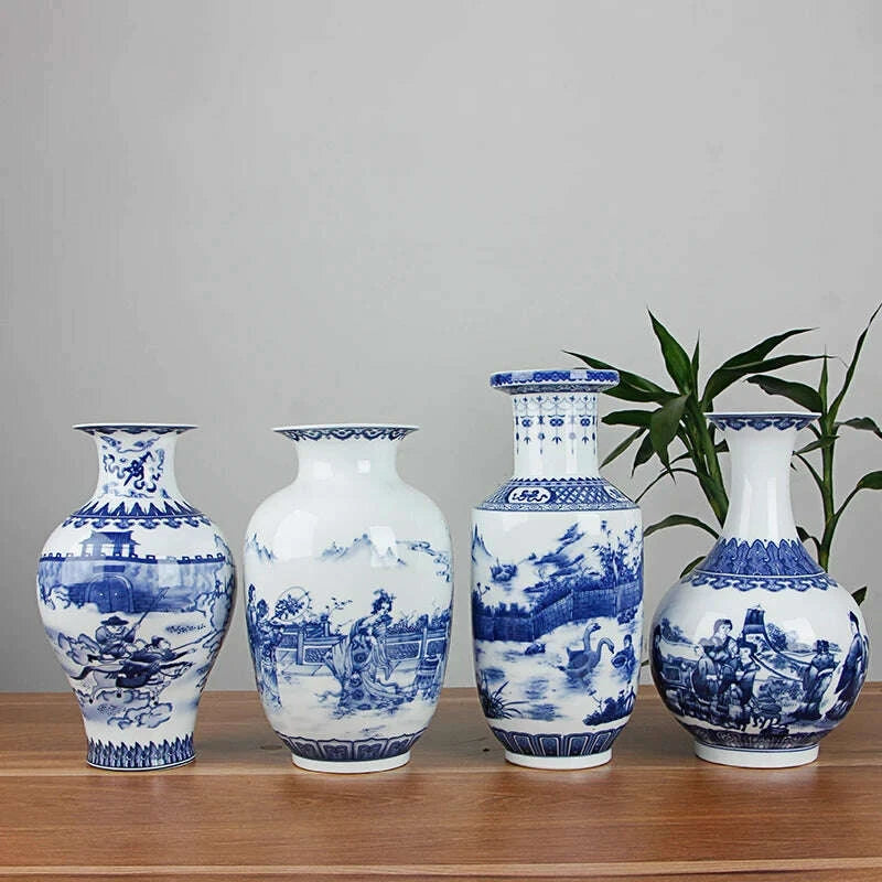 KIMLUD, Classic Chinese Blue and White Ceramic Vase Antique Tabletop Porcelain Flower Vase For Hotel Dining Room Decoration, KIMLUD Womens Clothes