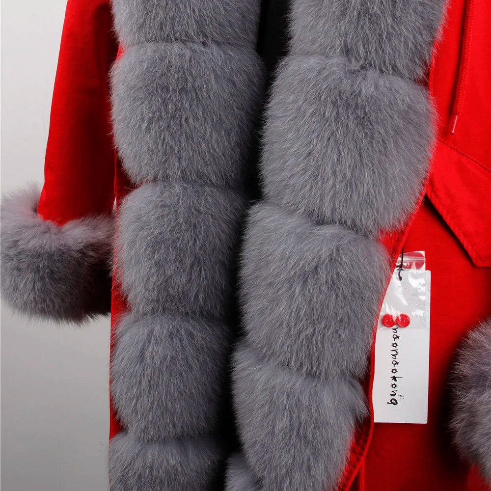 MAOMAOKONG 2024 Winter Women Coat Natural Fox Fur Collar Cuff Black Jackets Outwear Thick Luxury Real Fur Parka Women's Fur Coat