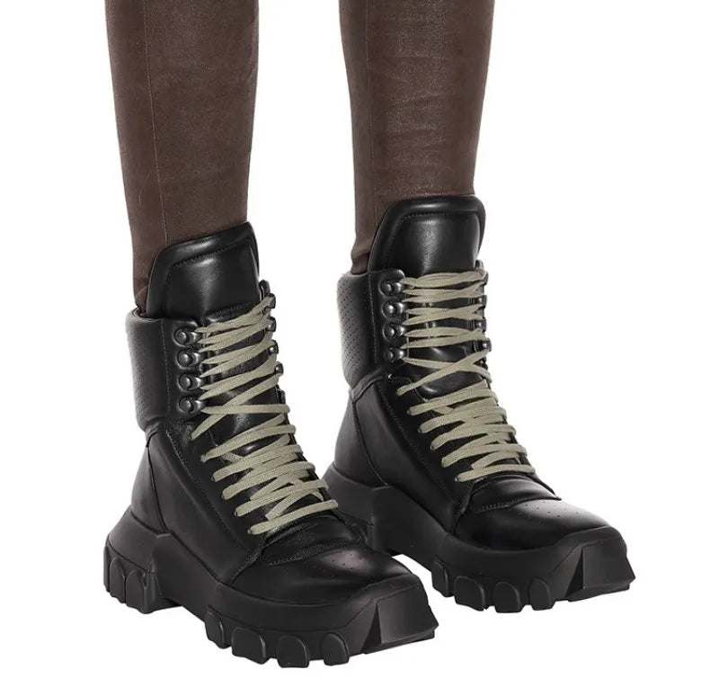 Punk Winter Men Lace Up Tactical Platform Ankle Boots Med Heels Platform Work Safety Shoes Army Genuine Leather Boots Homme