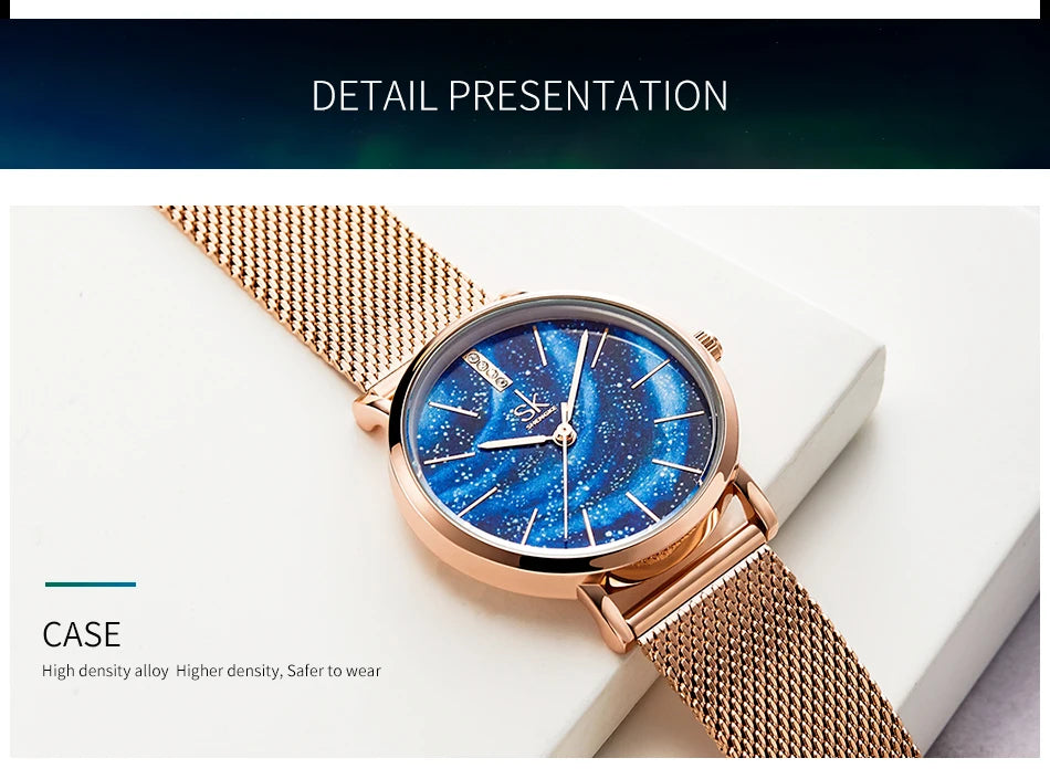 Shengke Women Watches Starry Green Dial Mesh Band Ladies Wristwatch Ultra-thin Stainless Steel Strap Quartz Montre Femme Gift