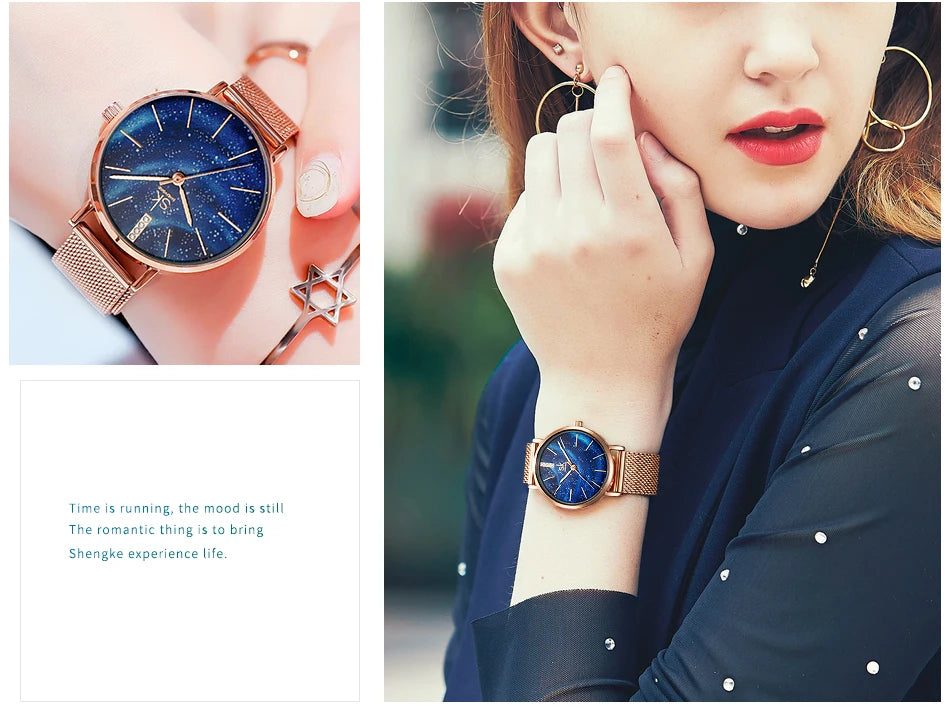 Shengke Women Watches Starry Green Dial Mesh Band Ladies Wristwatch Ultra-thin Stainless Steel Strap Quartz Montre Femme Gift