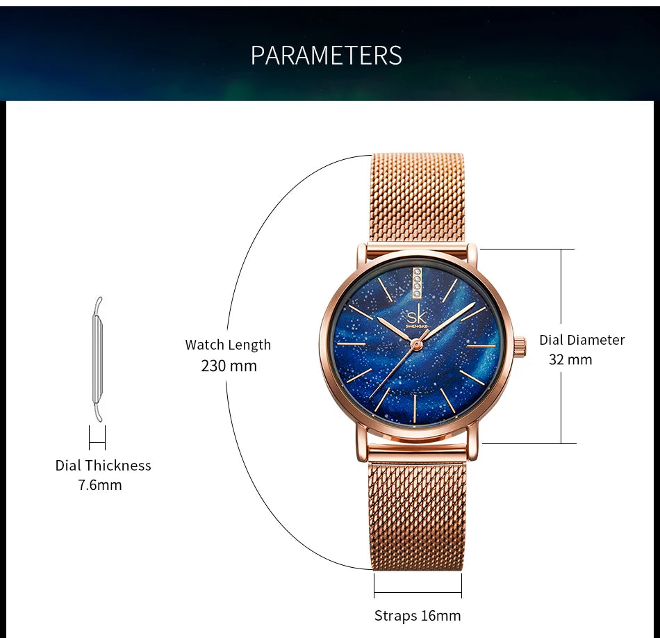 Shengke Women Watches Starry Green Dial Mesh Band Ladies Wristwatch Ultra-thin Stainless Steel Strap Quartz Montre Femme Gift