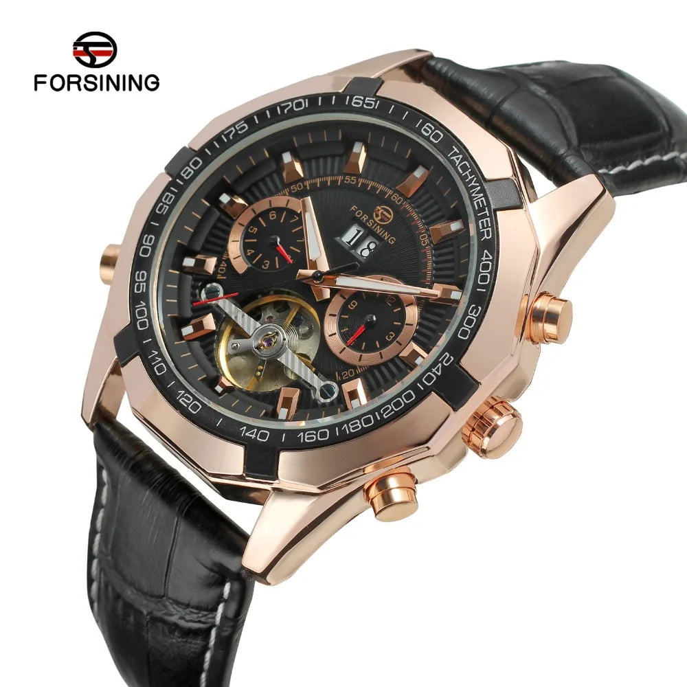 Leather Mechanical Tourbillon Watch — Black | KIMLUD