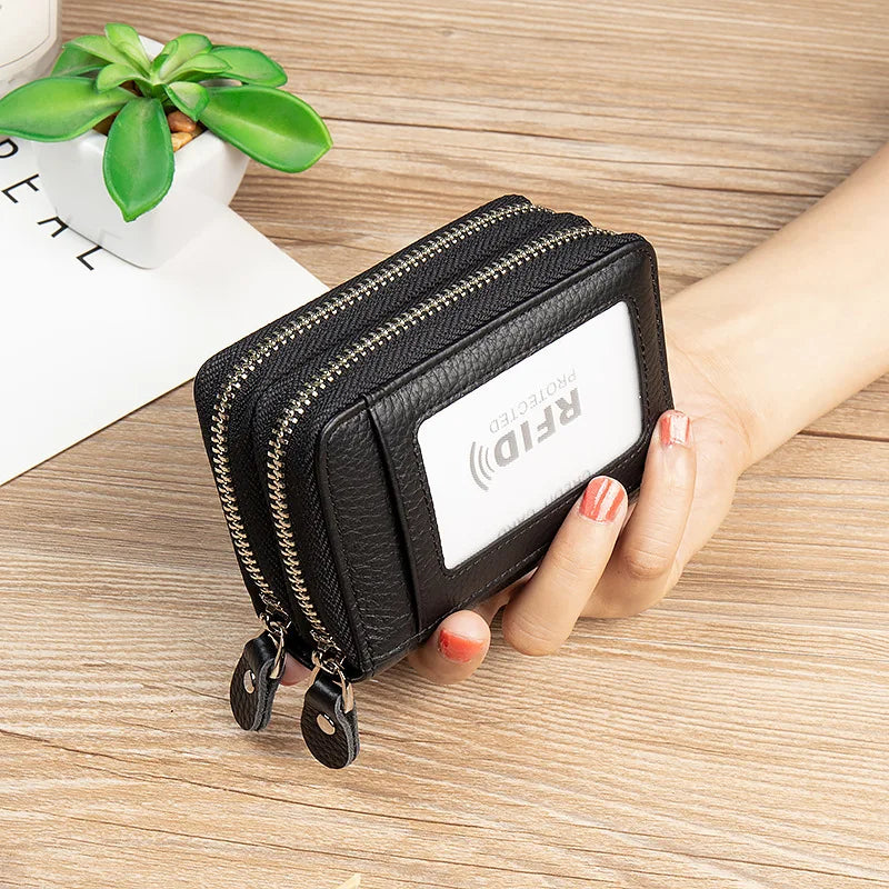 Genuine Leather Wallets RFID Blocking Double Zipper — Black | KIMLUD
