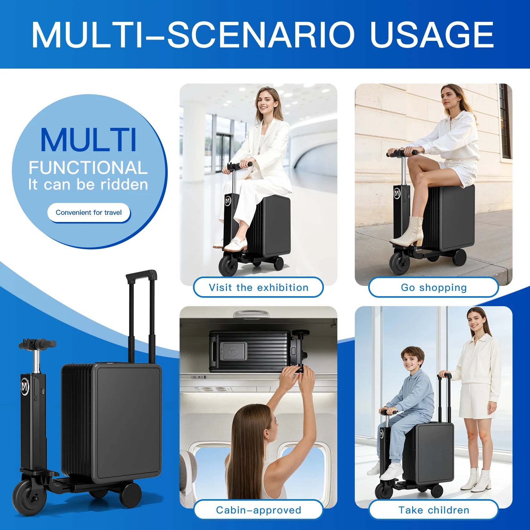 Aluminum Alloy Suitcase Rideable Smart Rolling — Black | KIMLUD