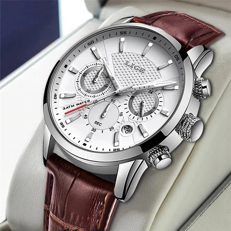 For LIGE 9866 New Men's Fashion Sport Quartz Watch Waterproof Business Dial Pointer Brand Leather Strap Alloy Relogio Masculino