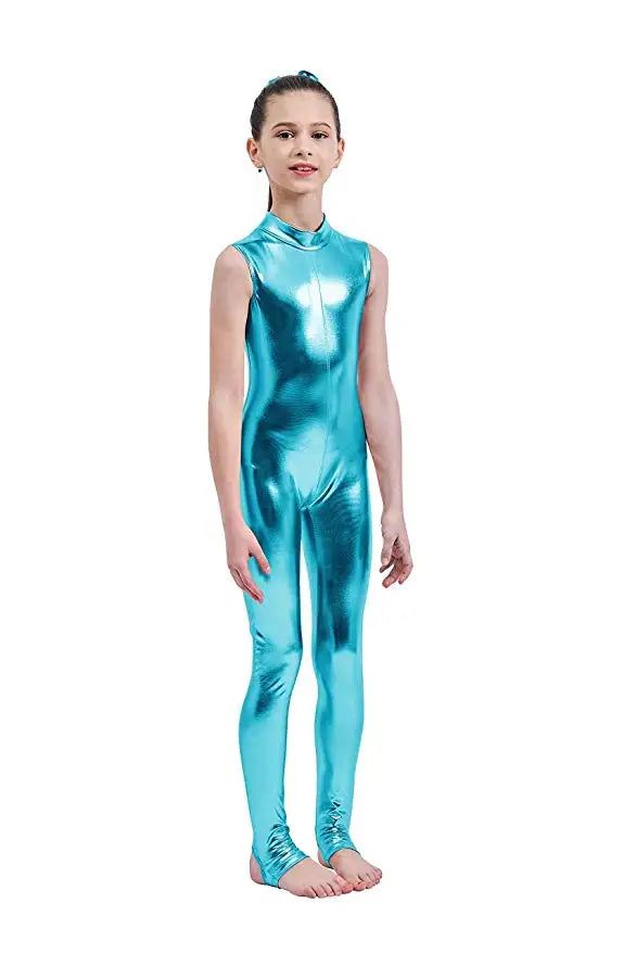 Kids Dance Unitard – Mock Neck – Shiny Metallic Fabric – Metallic | KIMLUD