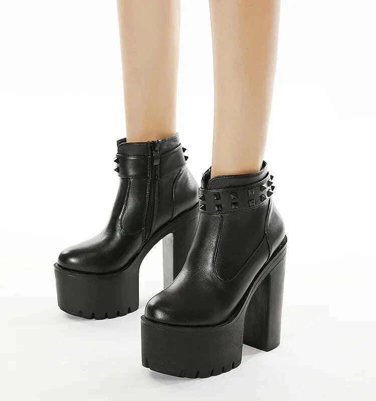 KIMLUD, Gothic Black Ankle Boots For Women Plus High Heel Female Shoes Lace-Up Nigh Club Black Sexy Rivets Short Bootsrd5, KIMLUD Womens Clothes