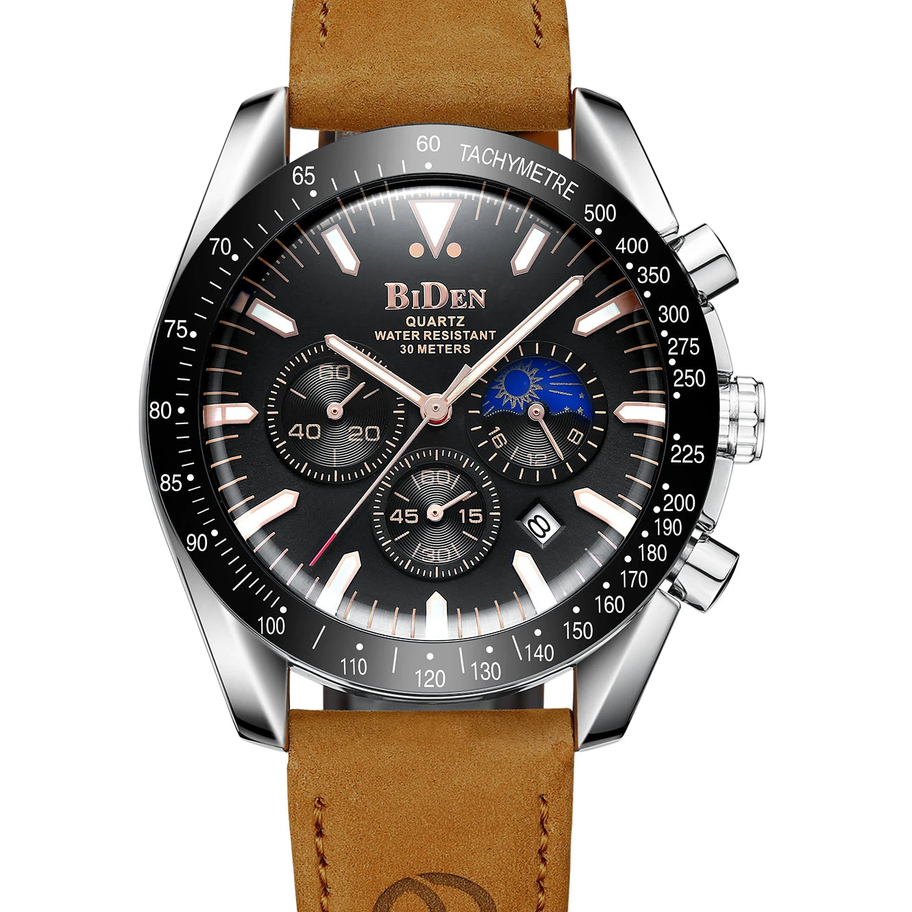 BIDEN 0344L Brand Luxury Chronograph Quartz Wrist Watch for Men Sport Waterproof Wristwatch Moon Phase Watches Male