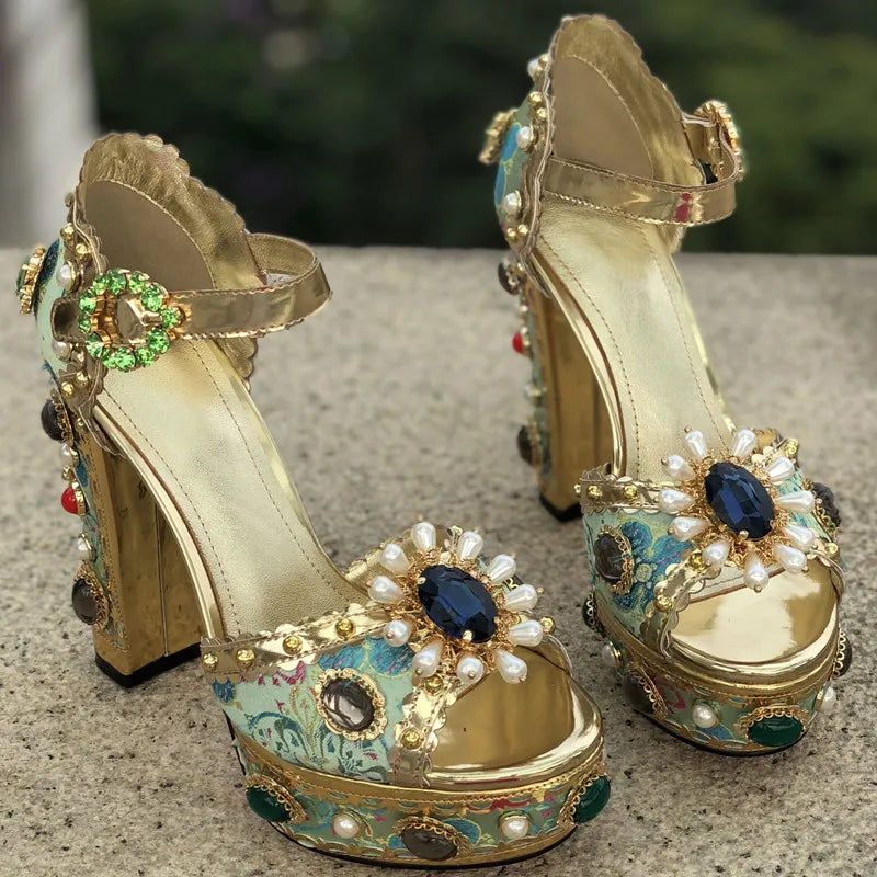 Gladiator Crystal-Embroidered Platform Sandals — Gold | KIMLUD