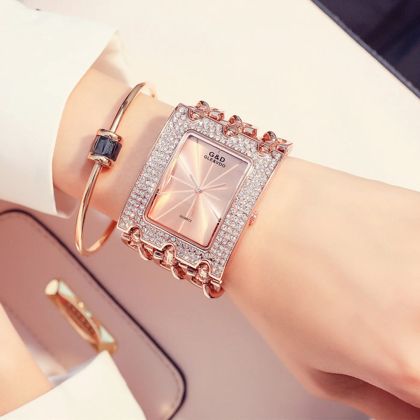 Bracelet Watch - Three Chain Rhinestone - Alloy Case - Golden | KIMLUD