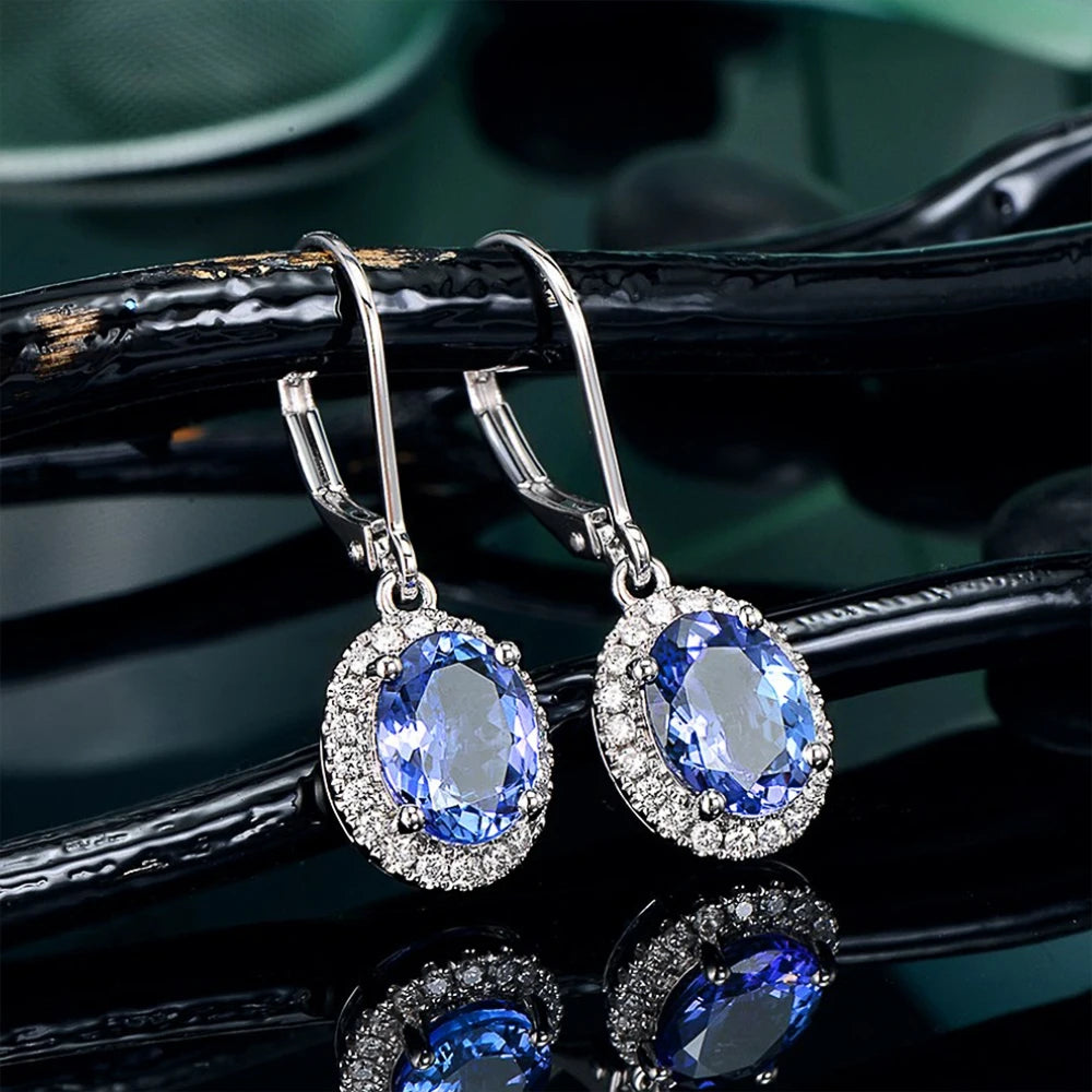Cubic Zirconia Drop Earrings Oval Halo — Blue | KIMLUD