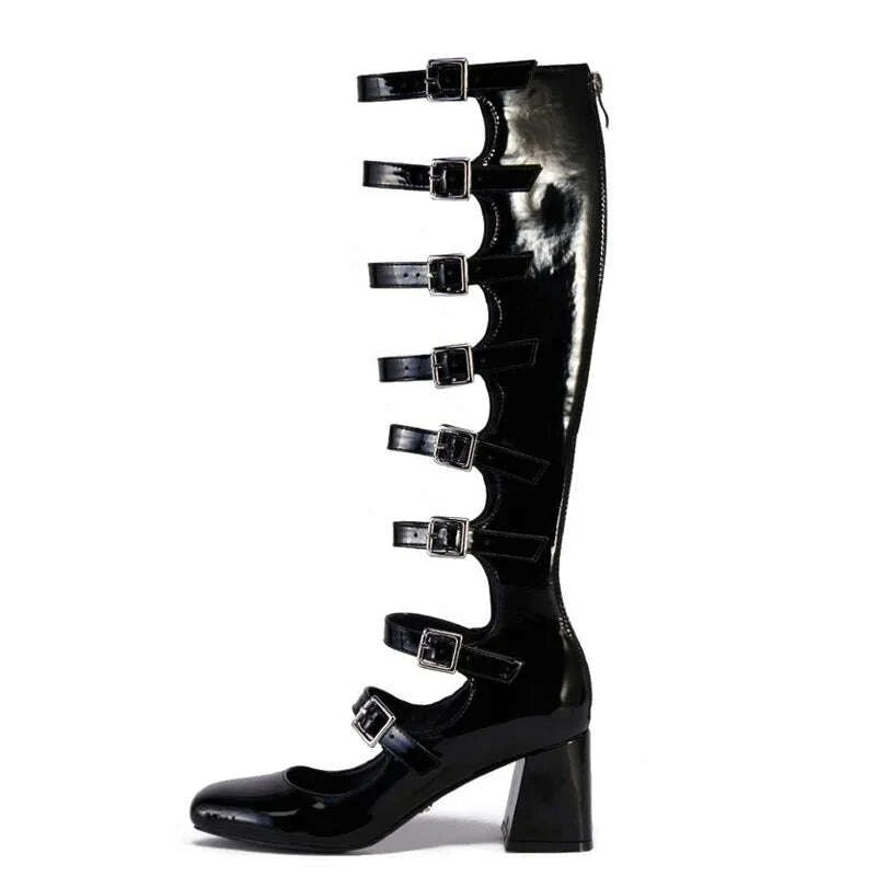 KIMLUD, Summer Belt Buckles Women Knee High Boots Chunky Heels Patent Long Booties Sexy Square Toe Back Zipper Sandals Shoes, KIMLUD Womens Clothes