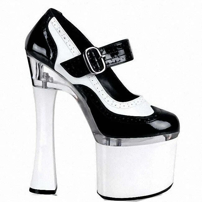 KIMLUD, 18CM High Heeled Shoes Super Big Size Shallow Pumps 7 Inches Peep Toe Thick Platform Patent Leather Buckle Strap Pole Dance, KIMLUD Womens Clothes