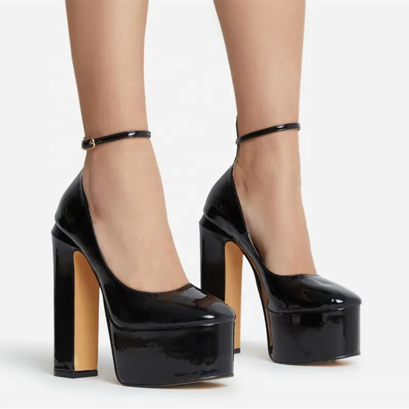 KIMLUD, Fashion Thick Sole Pumps Block High Heel Round Toe Ankle Strap Women Dress Shoes Platform Sandal Patent Big Size 43, KIMLUD Womens Clothes