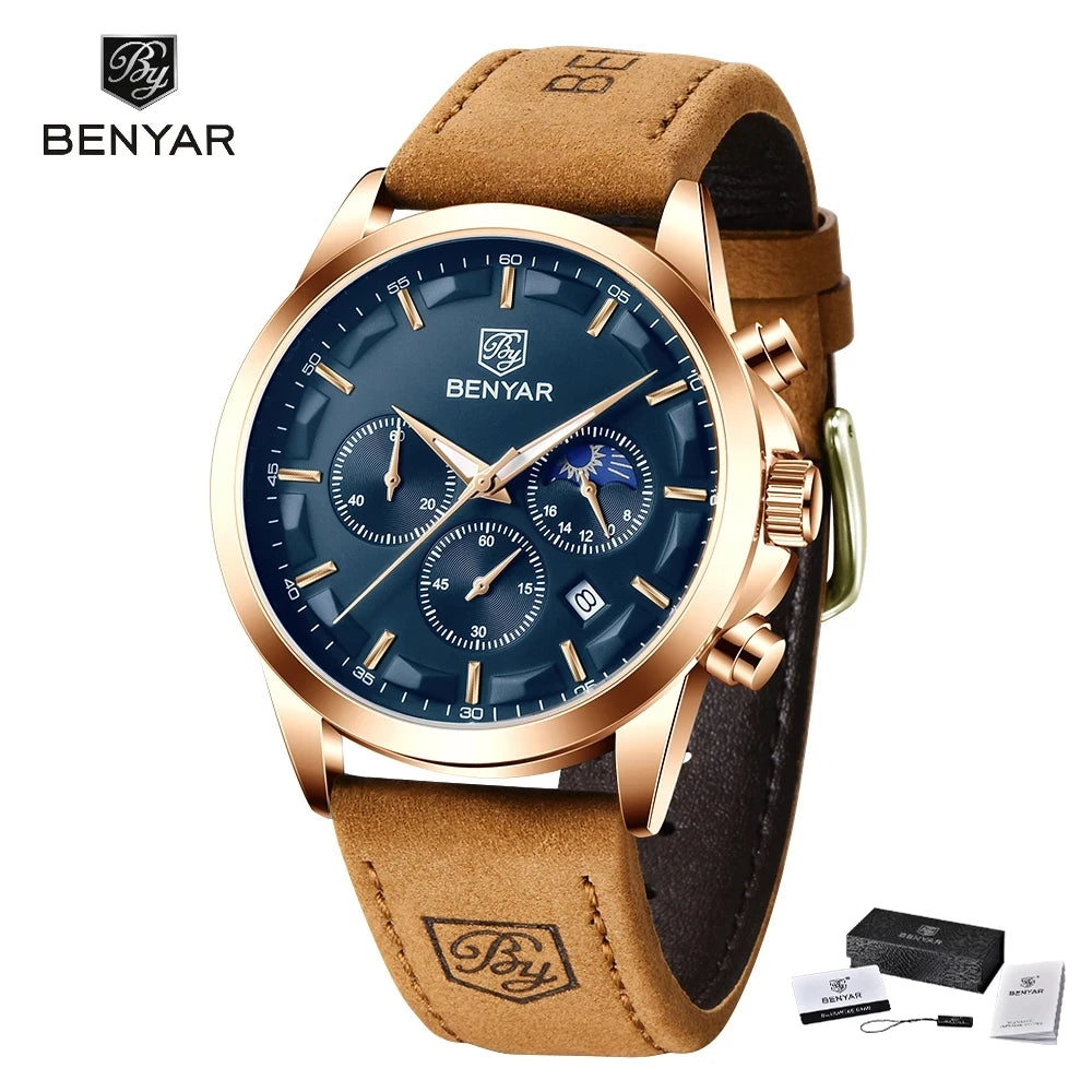 BENYAR 5160 Top Brand Men Quartz Wristwatches Fashion Sport Chronograph Watch Leather Waterproof Watch Men Reloj Hombre