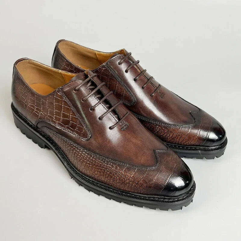 KIMLUD, Men Dress Formal Shoes Genuine Leather Office Shoe for Business Social Elegant Handmade Printing Oxfords Lace up Shoes, KIMLUD Womens Clothes