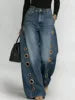 Denim Jeans Baggy Straight High Waist With Gold Eyelet Detailing And Subtle Draping — Blue | KIMLUD