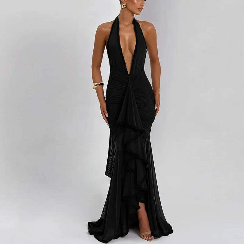 KIMLUD, Elegant High-End Flowy Tulle Maxi Evening Gown with Ultra-Deep V-Neck & Backless Design Sexy Allure, KIMLUD Womens Clothes