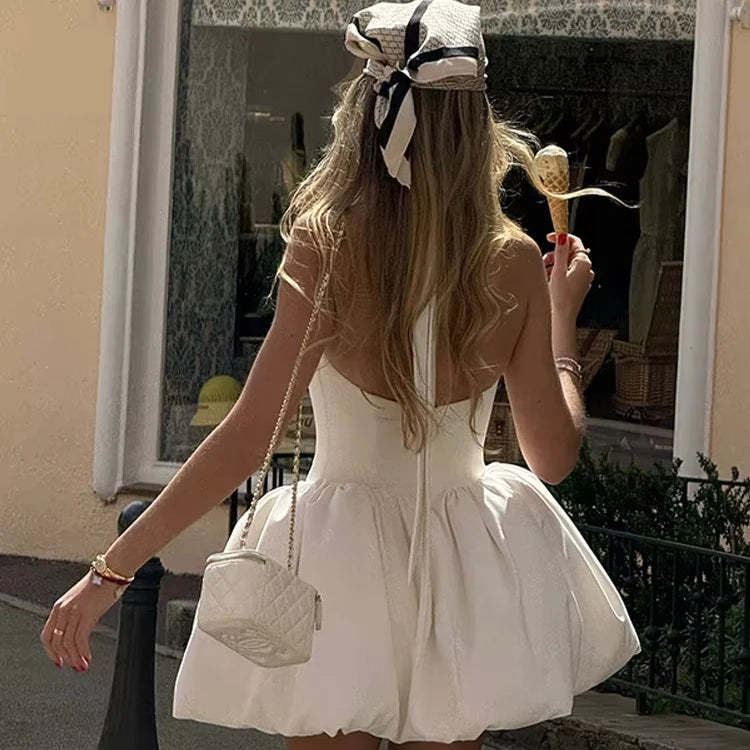 RedPeony Women New Elegant Backless Pleated Puff Hem Mini Dress Chic Solid High Waist Lace up Gowns Lady Vacation Mini Dress