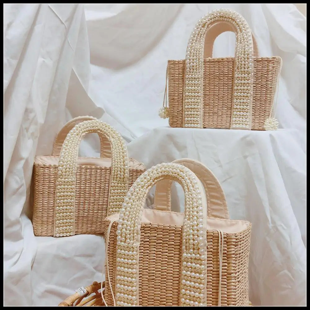 Straw Basket Tote Pearl Bead Trim — Natural | KIMLUD