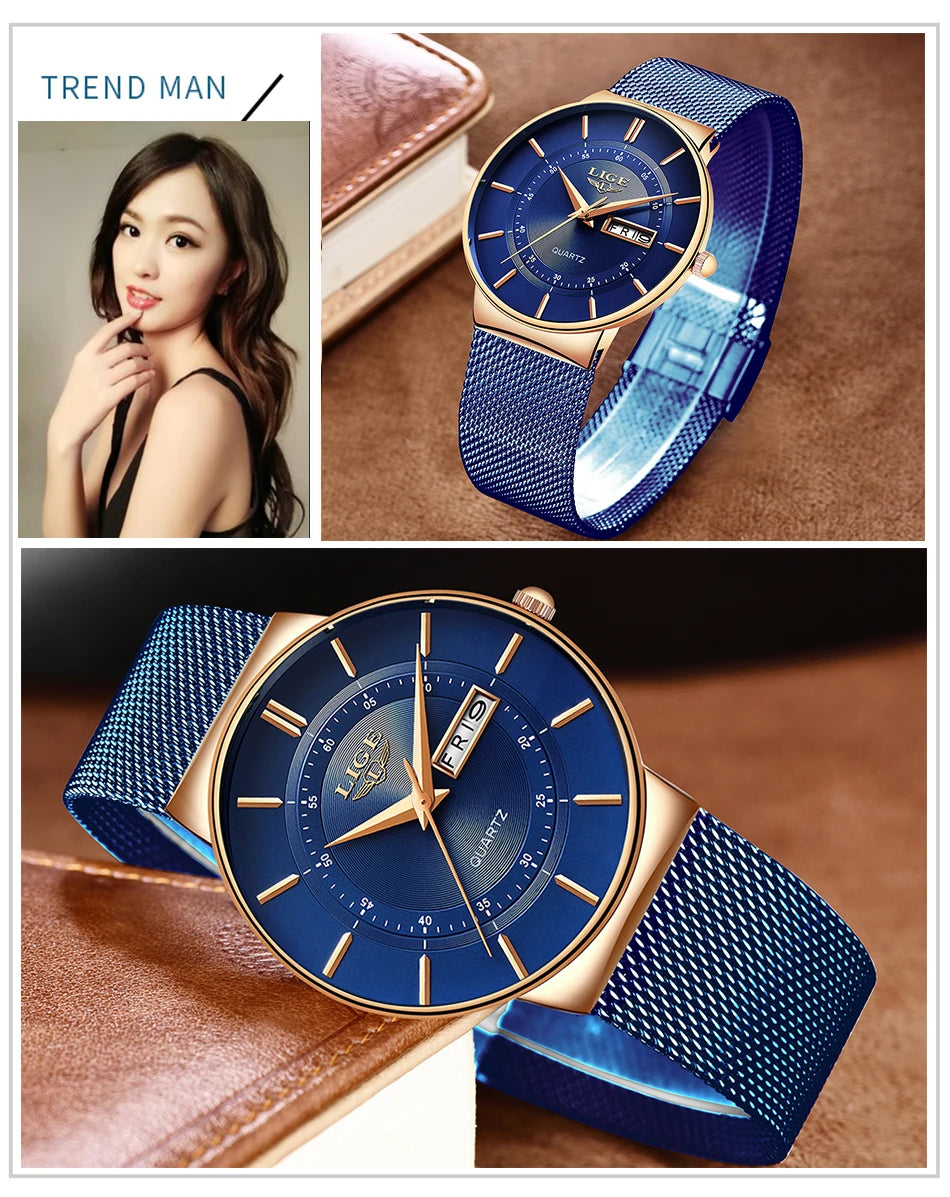 LIGE Women Watches Luxury Brand Ultra-thin Calendar Week Quartz Watch Ladies Clocks Mesh Stainless Steel Waterproof Reloj Mujer
