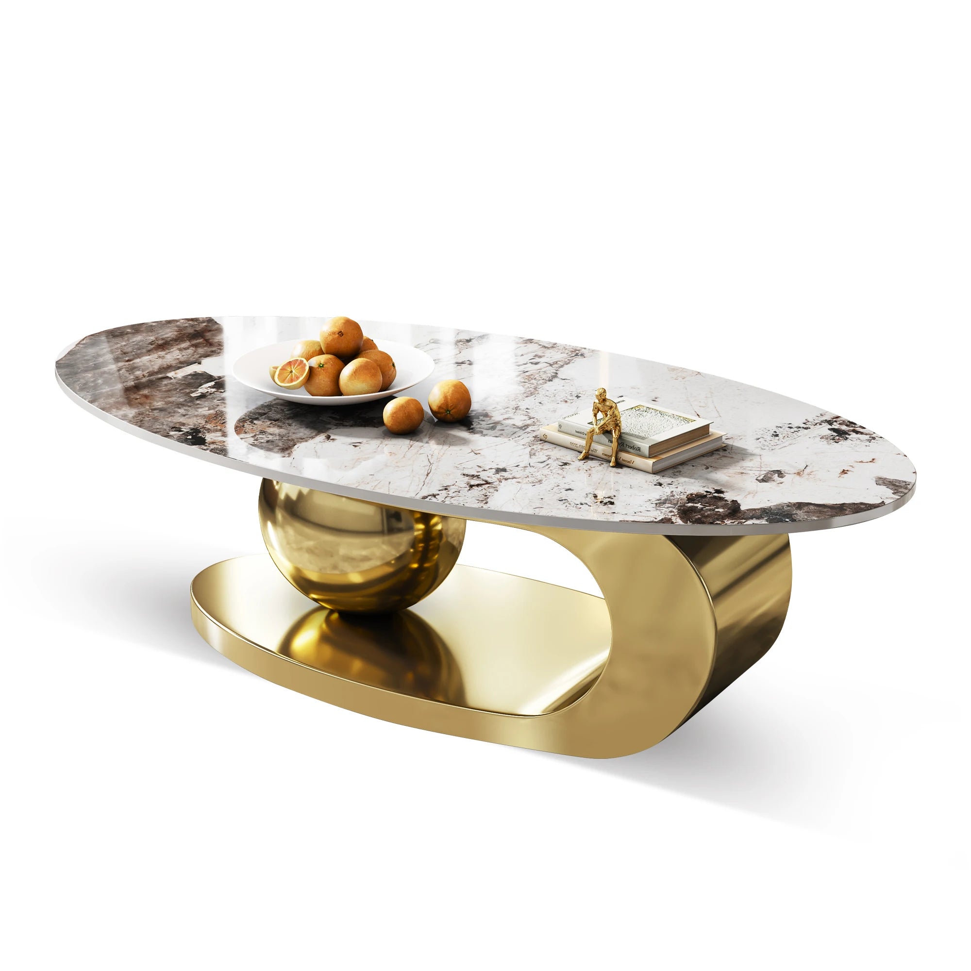 Modern Exquisite Oval Marble Coffee Table with Abstract Gold Metal Base Stylish Home Furniture for Living Room Centr