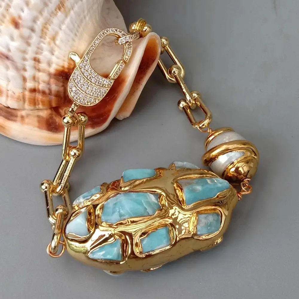 Gold Plated Chain Larimar Chips Bracelet — Blue | KIMLUD