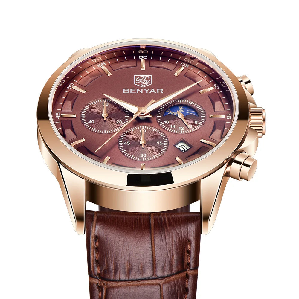 BENYAR 5160 Top Brand Men Quartz Wristwatches Fashion Sport Chronograph Watch Leather Waterproof Watch Men Reloj Hombre