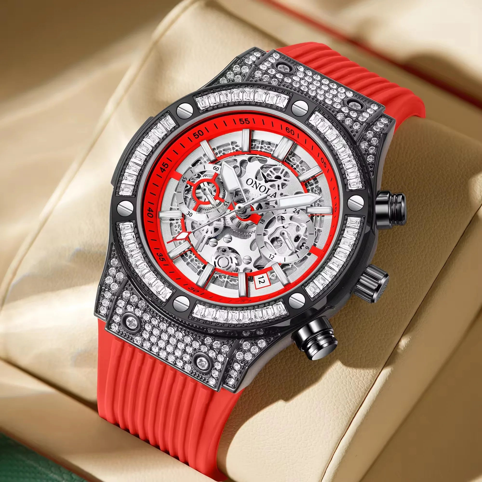 Silicone Strap Watch Quartz Round Dial 44mm Alloy Case 3ATM Luminous Hands — Red | KIMLUD