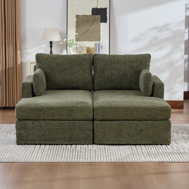 Chenille Upholstery Sofa Bed With Cushions And Metal Legs For Refined Living Rooms — Olive | KIMLUD