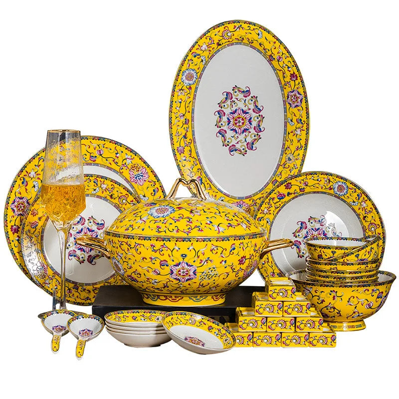 70 Pcs High-End Bone China Tableware Set Enamel Color Bowl Chopstick Plate Bowls for Household Perfect Dinnerware Gift