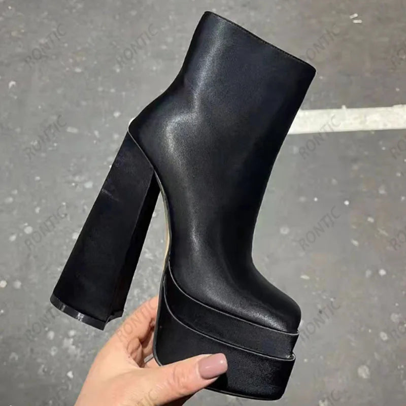 Rontic New Stylish Women Platform Ankle Boots Block Heels Square Toe Elegant Black Fuchsia Party Shoes US Size 4-13