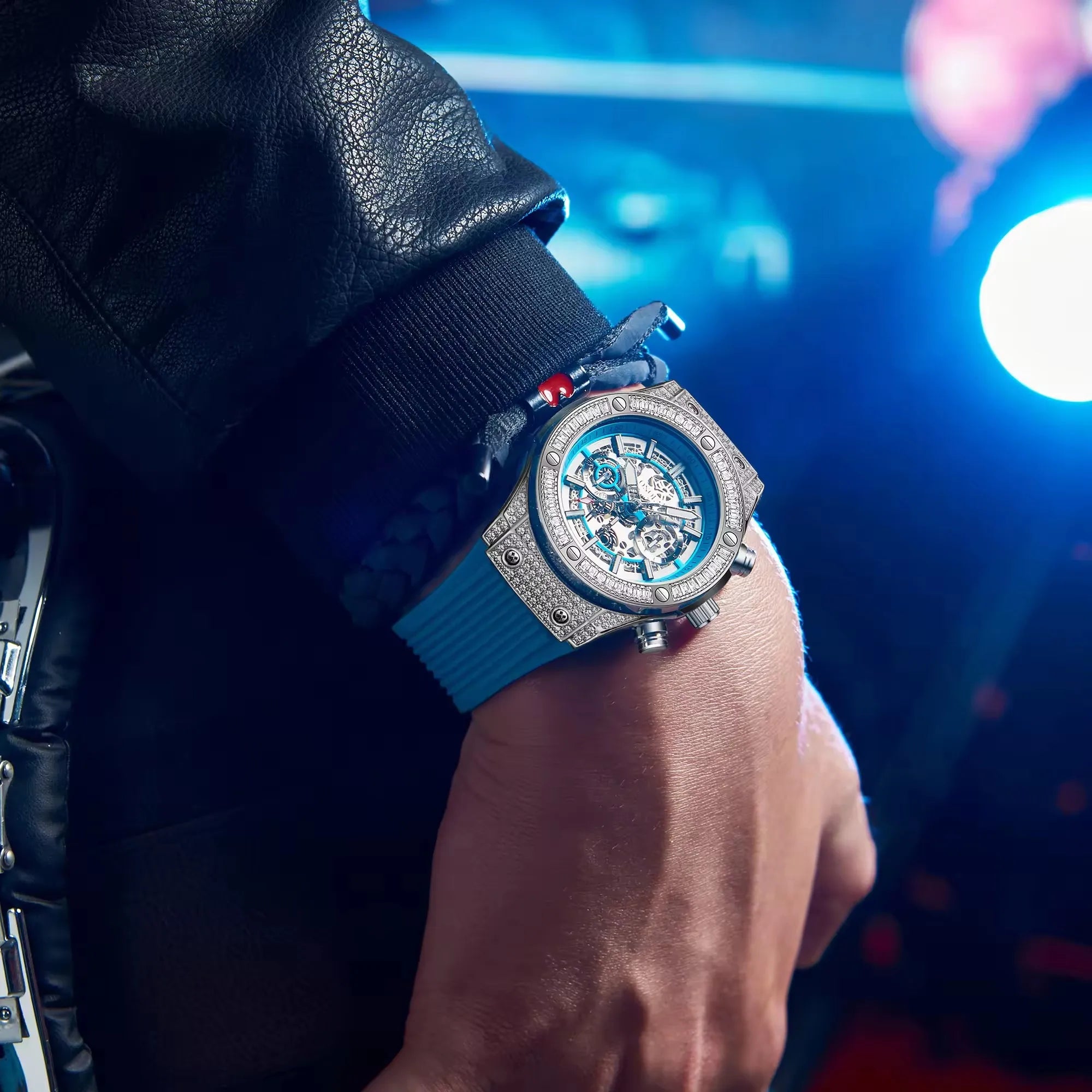 Diamond Dial Silicone Strap Automatic Watch — Black | KIMLUD