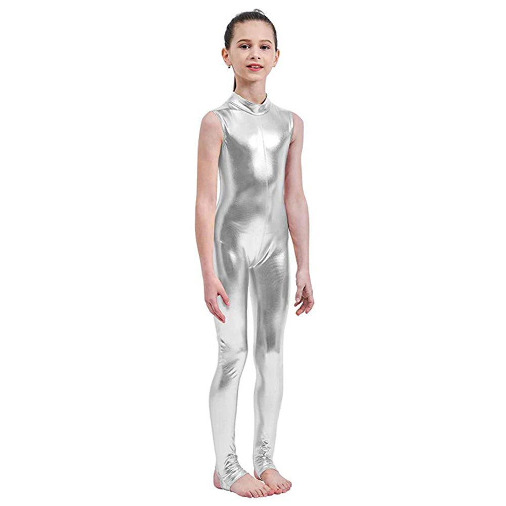 Kids Dance Unitard – Mock Neck – Shiny Metallic Fabric – Metallic | KIMLUD