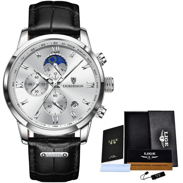 LIGE Men Watch Luxury Leather Waterproof Sport Quartz Wristwatch Chronograph Military Watch for Men Relogio Masculino Men‘s Gift