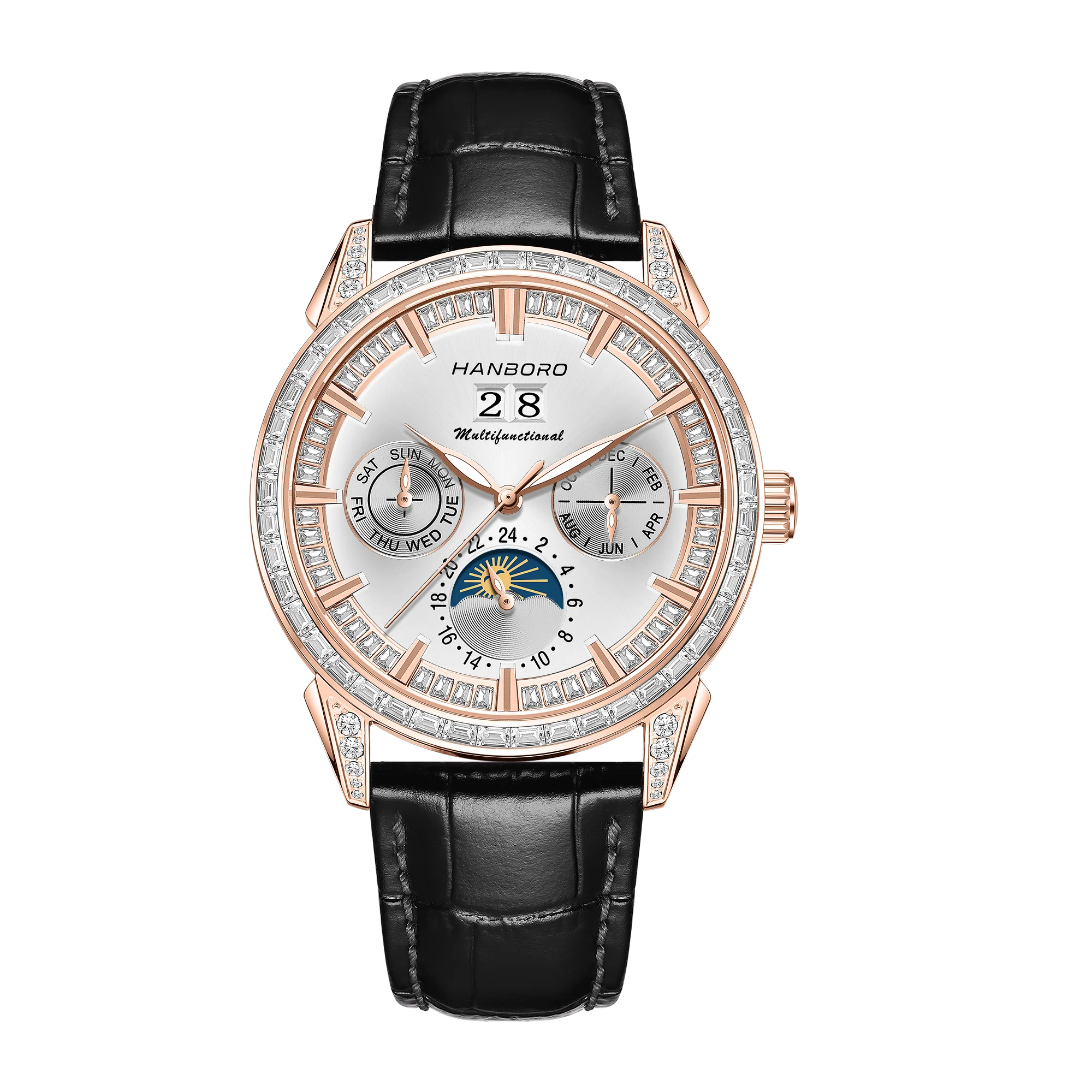 HANBORO Men's Luxury Automatic Mechanical Sports Watch Hollow Pointer Full Diamonds Calendar Luminous Stainless Steel Case