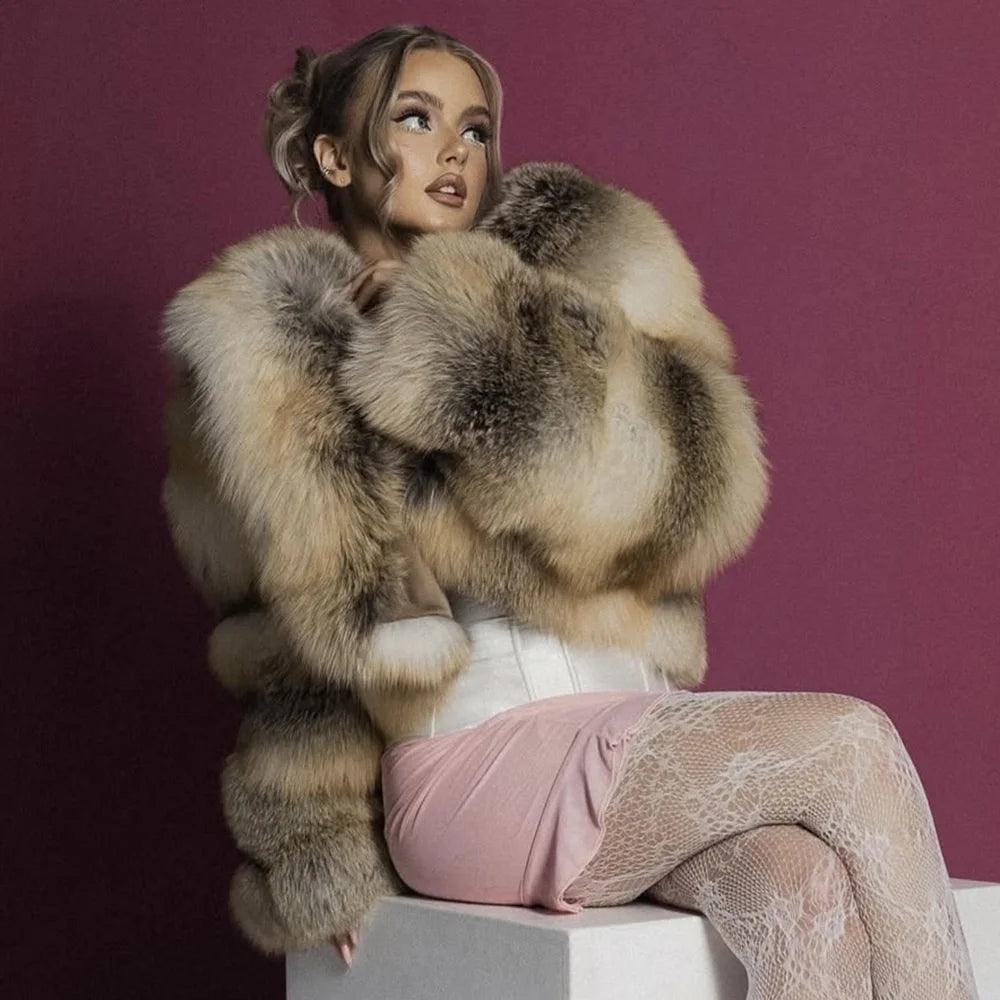 Top Luxury Full Pelt 100% Natural Riches Golden Island Fox Fur Skin Crop Top Coat
