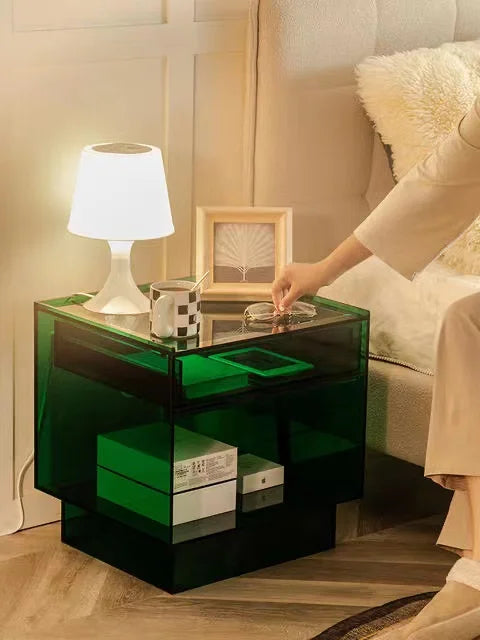 Acrylic Bedside Table With LED Lamp — Brown | KIMLUD