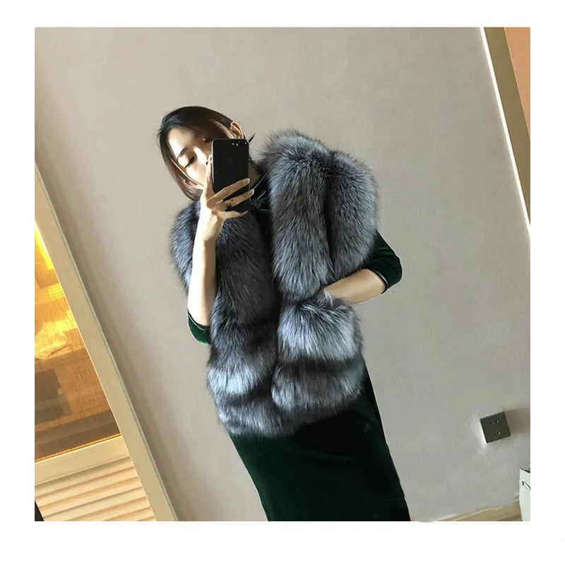 MS.MinShu-Luxury Fox Fur Scarf, Big Skin Scarf, Natural Fox Fur Stole, Genuine Fox Fur Shawl, Pocket Fashion Evening Dress