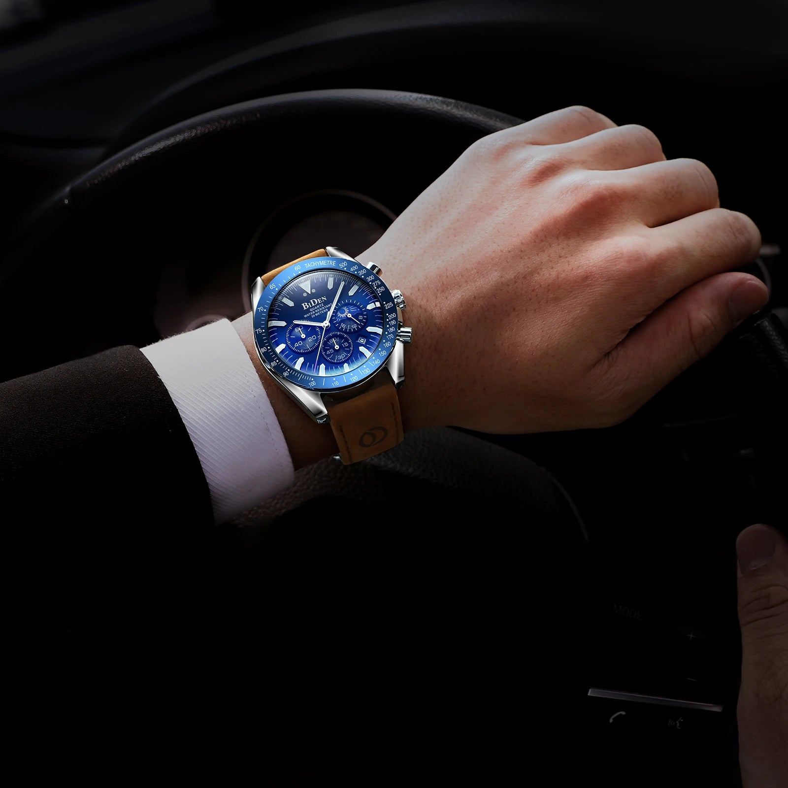 Leather Chronograph Watch Moon Phase — Black | KIMLUD