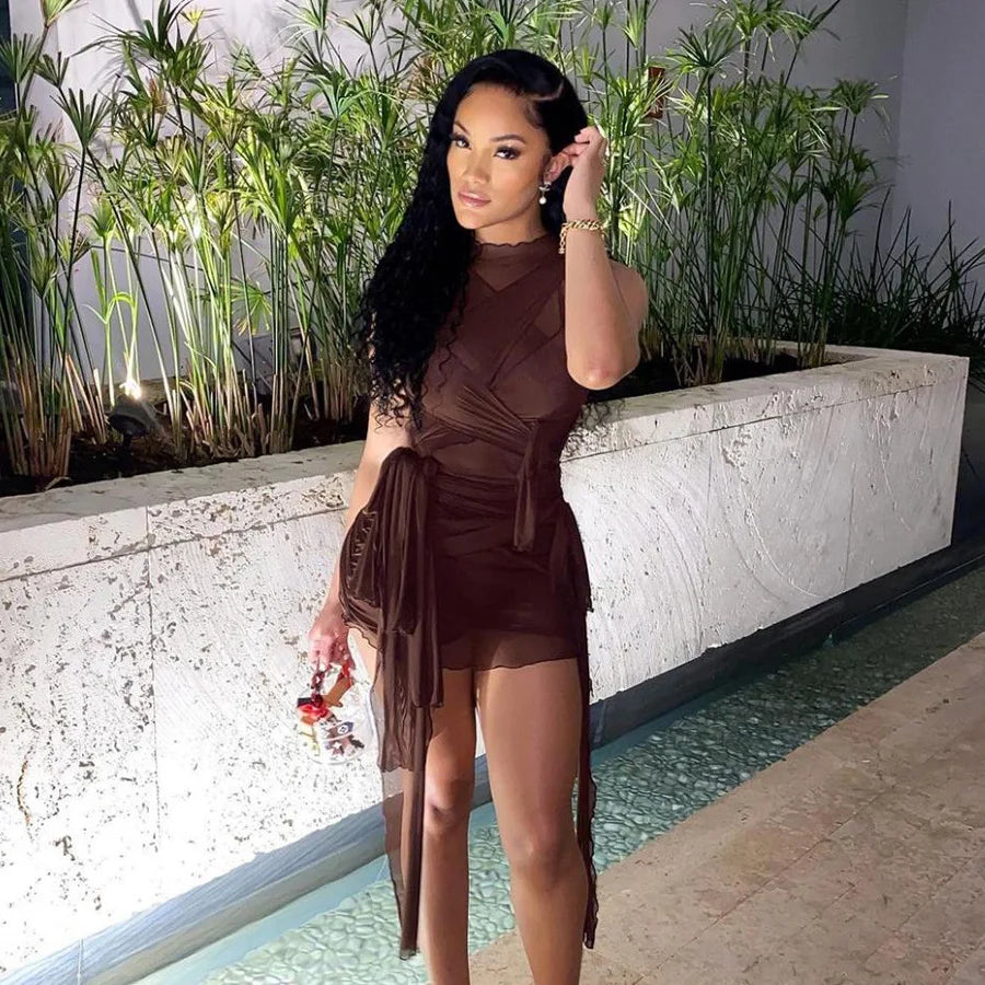 Ribbon-Wrapped Dress Draped See-Through Mesh Bandage Short High-Waist — Brown | KIMLUD