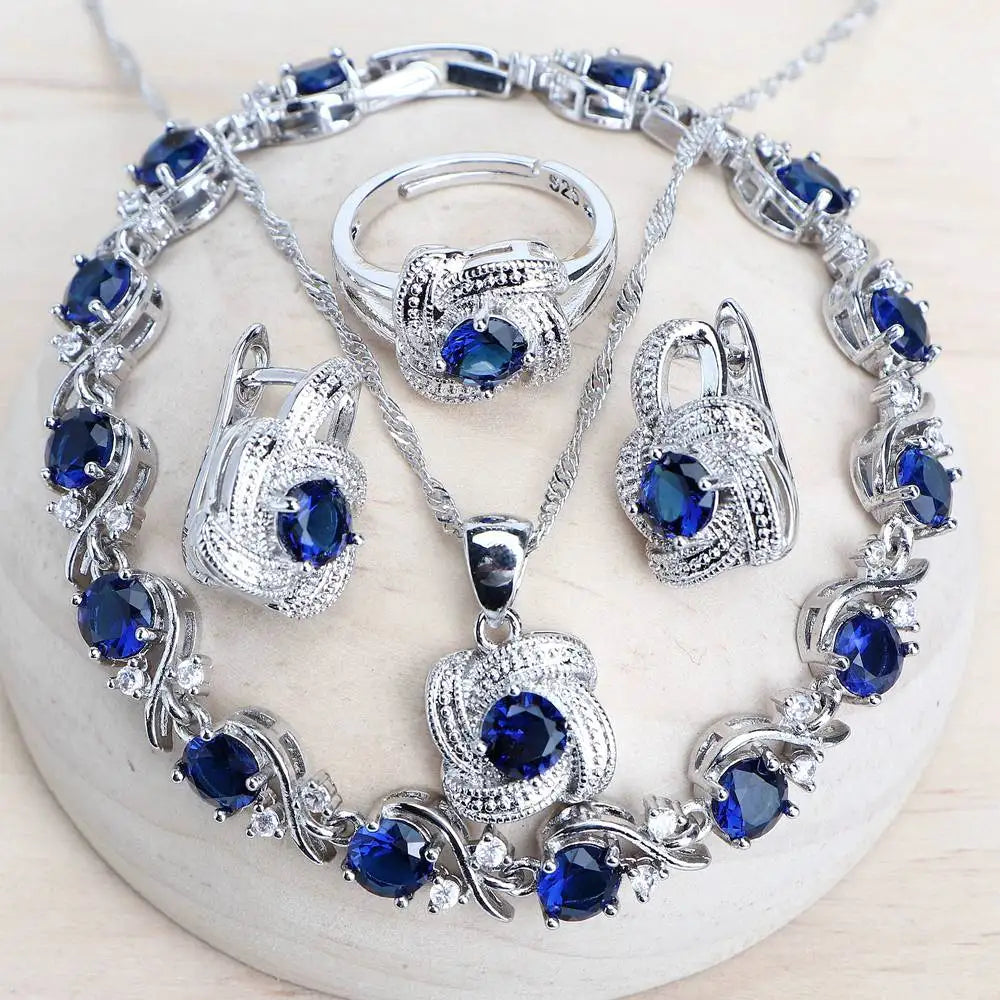 Sterling Silver Jewelry Set Blue Zirconia — Blue | KIMLUD