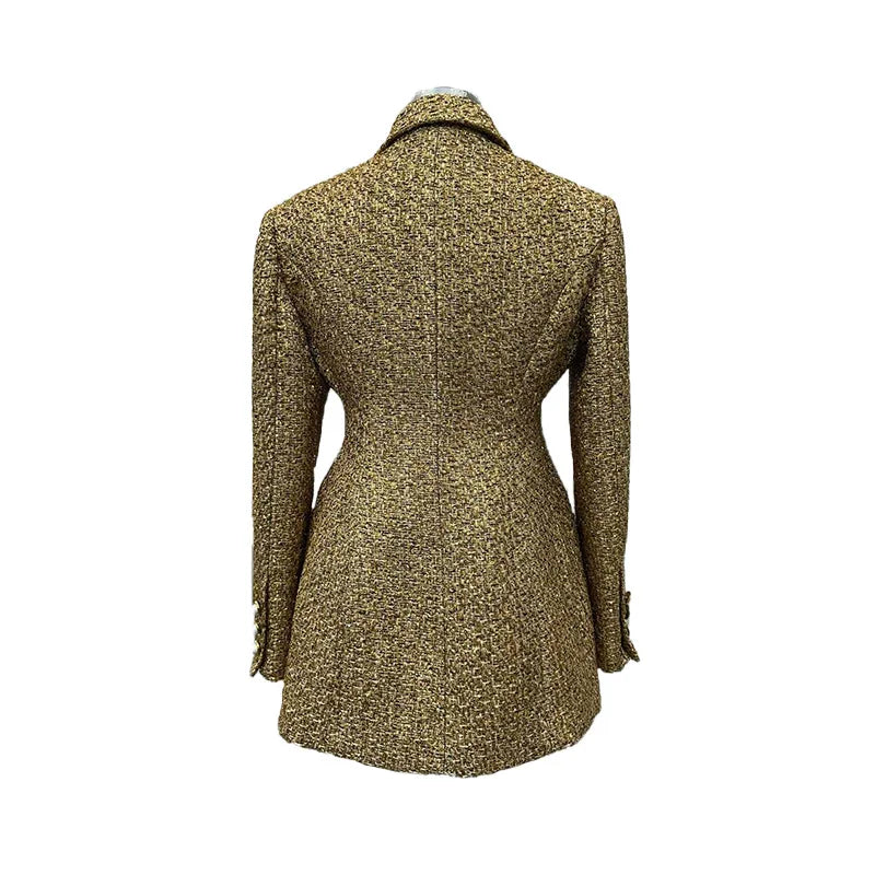 Leather Jacket With Refined Plaid-Weave Texture And Sculpted Silhouette — Golden-Beige | KIMLUD