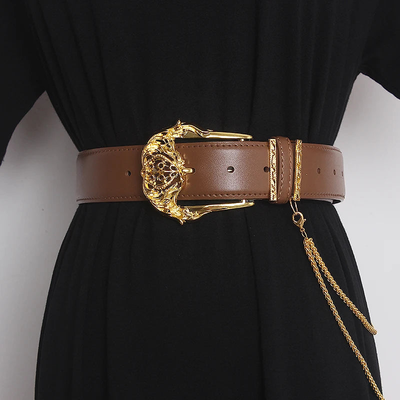 Women's Runway Fashion Gold Buckle Genuine Leather Cummerbunds Female Dress Corsets Waistband Belts Decoration Wide Belt TB1757