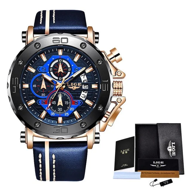 New Top Brand LIGE Mens Watches Fashion Sport Leather Watch Man Luxury Date Waterproof Quartz Chronograph Relogio Masculino+Box